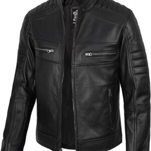 fjackets Cafe Racer Leather Jacket Men - Real Lambskin Natural Grain Leather Moto Style Jackets For Mens