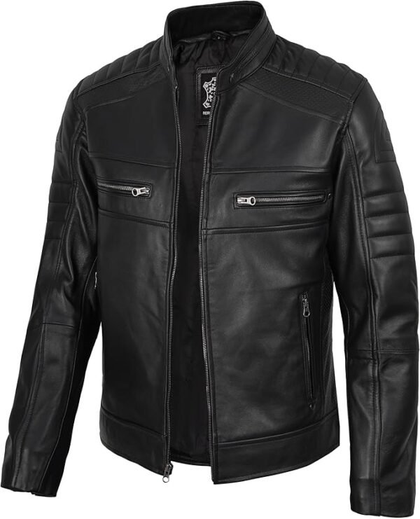 fjackets Cafe Racer Leather Jacket Men - Real Lambskin Natural Grain Leather Moto Style Jackets For Mens