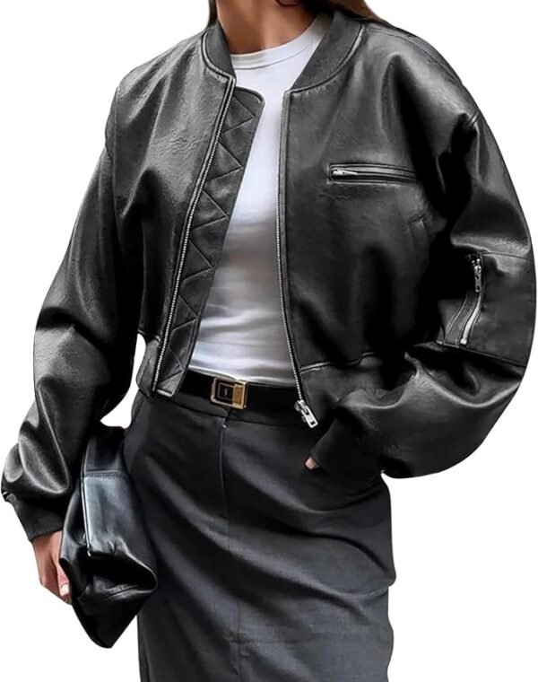 Cicy Bell Womens Faux Leather Bomber Jackets Baseball Collar Zip Up Cropped Biker Coat with Pockets